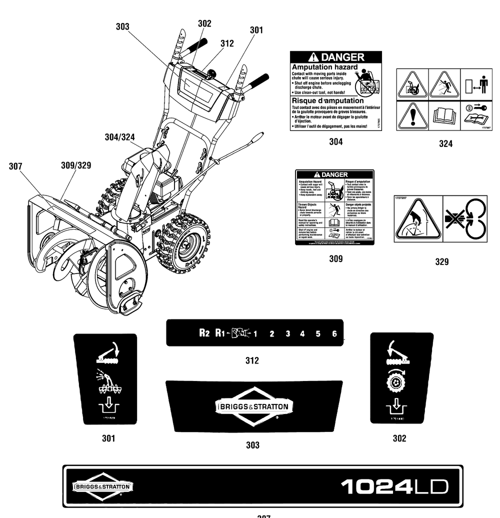 Decals Group (6965ybsdecal) Diagram and Parts List for 1696610-00-1024LD 2016 Briggs and Stratton Snow Blower